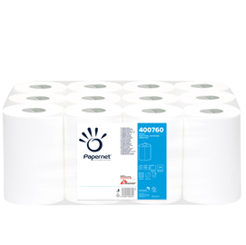 Asciugamani in rotolo mini centrefeed - 2 veli - 18 gr - diametro 14,5 cm - 21 cm x 76,65 mt - 210 strappi - bianco - papernet