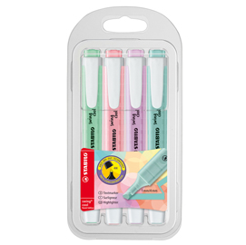 Astuccio evidenziatore swing cool  pastel - punta a scalpello- tratto 1,0-4,0mm - astuccio 4 colori pastello: carta da zucchero,rosa antico, glicine, verde menta - stabilo