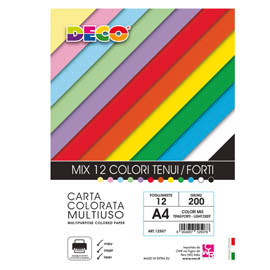 Busta carta deco - a4 - 200 gr - colori assortiti - 12 fogli - deco