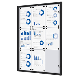 Bacheca per interni - con ante battenti -  9 fogli a4 - cornice nera - verticale - showdown