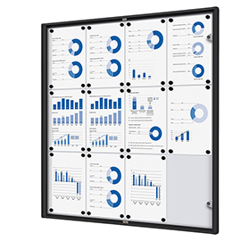 Bacheca per interni - con ante battenti -  12 fogli a4 - cornice nera - verticale - showdown