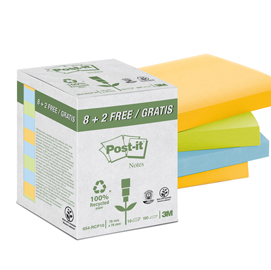 Blocco post it® - assortiti pastello - 76 x 76mm - 100 fogli - carta riciclata - post it® - conf. 10 blocchi