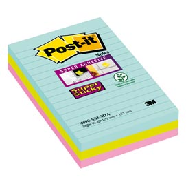 Blocco foglietti post it® super sticky - a righe - colori miami - 101 x 152mm - 90 fogli - post it®