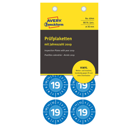 Bollini di ispezione adesivi - vinile - permanenti - tondi - anno 2018 - ø 30 mm - 8 bollini per foglio - blu - avery - blister da 10 fogli