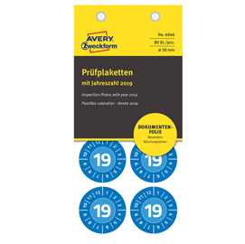 Bollini di ispezione adesivi - non rimovibili - tondi - anno 2018 - ø 30 mm - 8 bollini per foglio - blu - avery - blister da 10 fogli