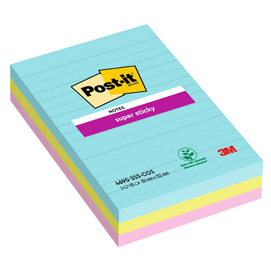Blocco post it  super sticky - 4690-ss3cos - 101 x 152 mm - righe - 90 fogli - colori cosmic - post it  - conf. 3 pezzi