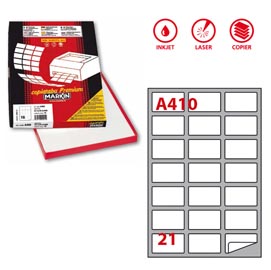 Etichetta adesiva a410 - permanente - 63,5x38,1 mm - 21 etichette per foglio - bianco - markin - scatola 100 fogli a4