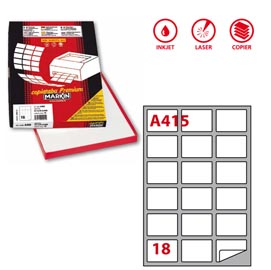 Etichetta adesiva a415 - permanente - 63,5x46,6 mm - 18 etichette per foglio - bianco - markin - scatola 100 fogli a4