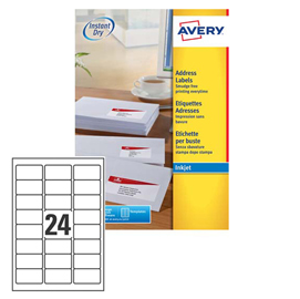 Etichetta adesiva j8159 - permanente - adatta a stampanti inkjet - 63,5x33,9 mm - 24 etichette per foglio - bianco - avery - conf. 25 fogli a4