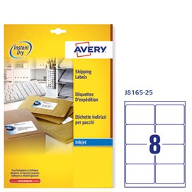 Etichetta adesiva j8165 - permanente - adatta a stampanti inkjet - 99,1x67,7 mm - 8 etichette per foglio - bianco - avery - conf. 25 fogli a4