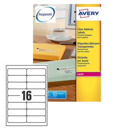 Etichetta adesiva l7562 - poliestere - adatta a stampanti laser - permanente - 99,1x34 mm - 16 etichette per foglio - trasparente - avery - conf. 25 fogli a4