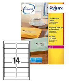 Etichetta adesiva l7563 - poliestere - adatta a stampanti laser - permanente - 99,1x38,1 mm - 14 etichette per foglio - trasparente - avery - conf. 25 fogli a4
