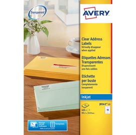 Etichetta adesiva j8562 - adatta a stampanti inkjet - 99,1x34 mm - 16 etichette per foglio - trasparente - avery - conf. 25 fogli a4