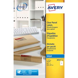 Etichetta adesiva j8567 - poliestere - adatta a stampanti inkjet - 210x297 mm - 1 etichetta per foglio - trasparente - avery - conf. 25 fogli a4