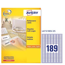 Etichetta adesiva l4731rev - rimovibile - adatta a stampanti laser - 25,4x10 mm - 18 etichette per foglio - bianco - avery - conf. 25 fogli a4
