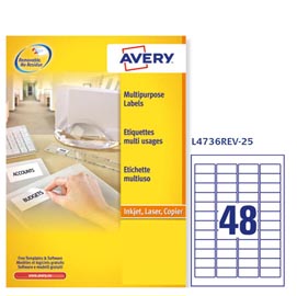 Etichetta adesiva l4736rev - removibile - adatta a stampanti laser - 45,7x21,2 mm - 48 etichette per foglio - bianco - avery - conf. 25 fogli a4