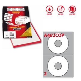 Etichetta adesiva per cd a462 - permanente - diametro cd 117,5 mm - foro 41 mm - 2 etichette per foglio - bianco coprente - markin - scatola 100 fogli a4