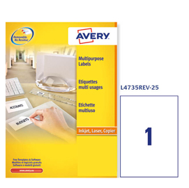 Etichetta adesiva l4735rev - rimovibile - 210x297 mm - 1 etichetta per foglio - bianco - avery - conf. 25 fogli a4