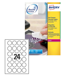 Etichetta antimanomissione l6112 - poliestere - adatta a stampanti laser - permanente - ø 40 mm - 24 etichette per foglio - bianco - avery - conf. 20 fogli a4