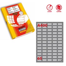 Etichetta adesiva a400 markin - argento - adatta a stampanti laser - 38.1x21.2 mm - 65 etichette per foglio - scatola da 100 fogli a4