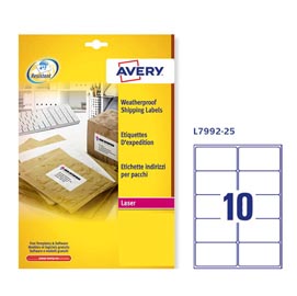Etichetta adesiva l7992 - poliestere - impermeabile - adatta a stampanti laser - 99.1x57 mm - 10 etichette per foglio - bianco - avery - conf. 25 fogli a4