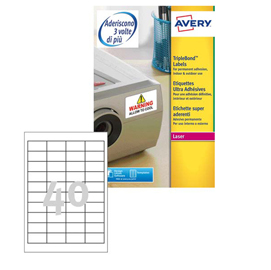 Etichetta adesiva extra strong l6140 - poliestere - adatta a stampanti laser - permanente - 45,7x25,4 mm - 40 etichette per foglio - bianco - avery - conf. 20 fogli a4