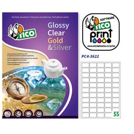Etichetta in poliestere pc4 -  adatta a stampanti laser - permanente - 36x22 mm - 55 etichette per foglio - trasparenti - tico - conf. 100 fogli a4
