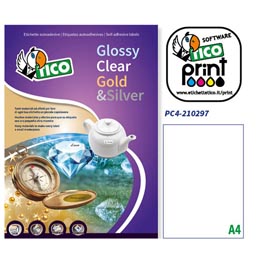Etichetta in poliestere pc4 - adatta a stampanti laser - permanente - 210x297 mm - 1 etichetta per foglio - trasparente - tico - conf. 100 fogli a4
