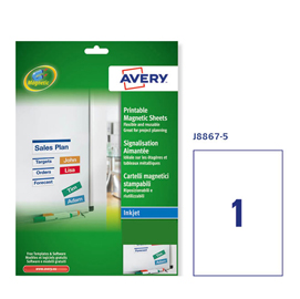 Etichetta magnetica j8867 - permanente - adatta a stampanti inkjet - 210x297 mm - 1 etichetta per foglio - bianco - avery - conf. 5 fogli a4