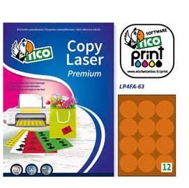 Etichetta adesiva lp4f - permanente - tonda ø 63.5 mm - 12 etichette per foglio - arancio fluo - tico - conf. 70 fogli a4