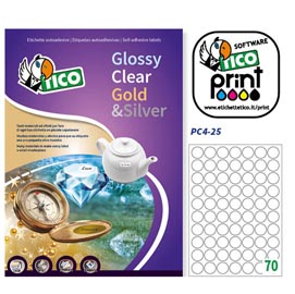 Etichetta in poliestere pc4 - adatta a stampanti laser - permanente - ø 25 mm - 70 etichette per foglio - trasparente - tico - conf. 100 fogli a4