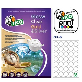 Etichetta in poliestere pc4 - adatta a stampanti laser - permanente - ø 36 mm - 35 etichette per foglio - trasparente  - tico - conf. 100 fogli a4