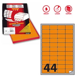 Etichetta adesiva a406 - permanente - 47,5x25,5 mm - 44 etichette per foglio - arancio fluo - markin - scatola 100 fogli a4