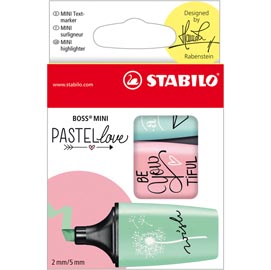 Evidenziatori boss mini pastellove - punta a scalpello - tratto da 2,0-5,0mm - astuccio 3 colori pastello: verde menta, rosa antico, carta da zucchero - stabilo