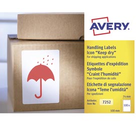 Etichette con simbolo ombrello (teme umidita') - 74x100 mm - permanente - rosso - avery - rotolo da 200 etichette