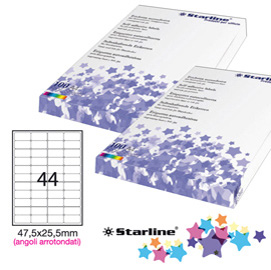 Etichetta adesiva - permanente - 47,5x25,5 mm - angoli tondi - 44 etichette per foglio - bianco - starline - conf. 100 fogli a4