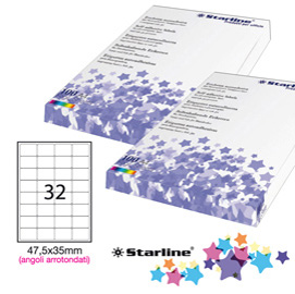 Etichetta adesiva - permanente - 47,5x35 mm - angoli tondi - 32 etichette per foglio - bianco - starline - conf. 100 fogli a4