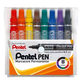 Marcatore permanente n50 - punta conica 4,3mm - astuccio 8 colori assortiti - pentel