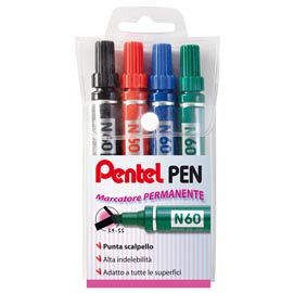 Marcatore permanente n60 - punta a scalpello  3,90-5,50mm - astuccio 4 colori assortiti  - pentel