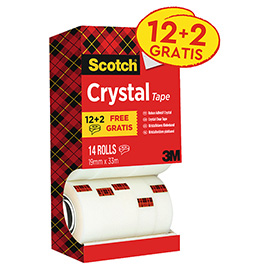 Nastro adesivo scotch crystal 600 - 19 mm x 33 m - acrilico - trasparente - scotch - value pack 12+2 rotoli
