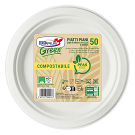 Piatto piano monouso - rotondo - diametro 22 cm - cellulosa - bianco - dopla green - conf. 50 pezzi