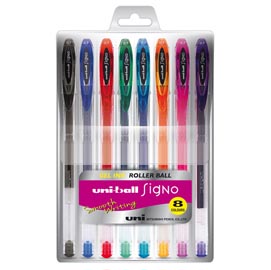 Penna a sfera gel uni ball signo con cappuccio - punta 0,7mm - 8 colori assortiti  - uni mitsubishi - astuccio 8 penne