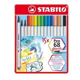 Pennarelli pen 68 brush - stabilo - scatola metallo 15 pezzi