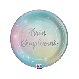 Piatto soft rainbow - buon compleanno - diametro 18 cm - carta - big party - conf. 8 pezzi