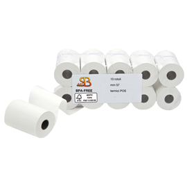 Rotolo per pos e carte di credito - 57 mm x 18 m - diametro esterno 38 mm - anima 12 mm - 55 gr - carta termica bpa free - sabacart - blister 10 pezzi