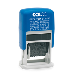 Timbro mini info s120/w polinomio - 12 diciture 4 mm - autoinchiostrante - colop®