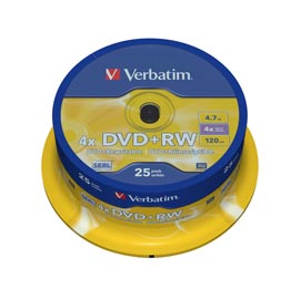 Verbatim - scatola 25 dvd+rw - serigrafato spindle - 43489 - 4,7gb