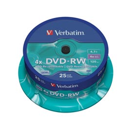 Verbatim - confezione 25 dvd-rw - argento lucido - serigrafato - 43639 - 4,7gb